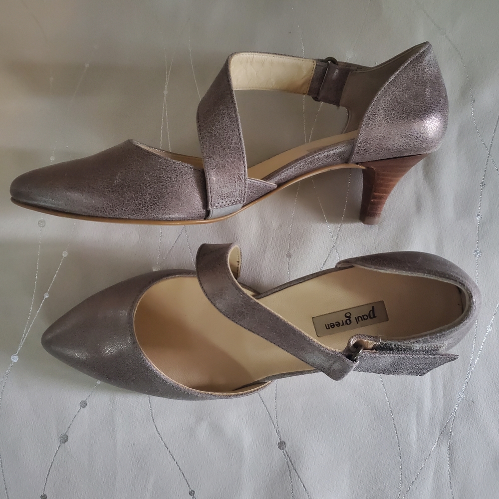 Paul Green Nicki Pumps Smoke Metallic Mary Jane Asym Strap Kitten Heels Sz 7.5
